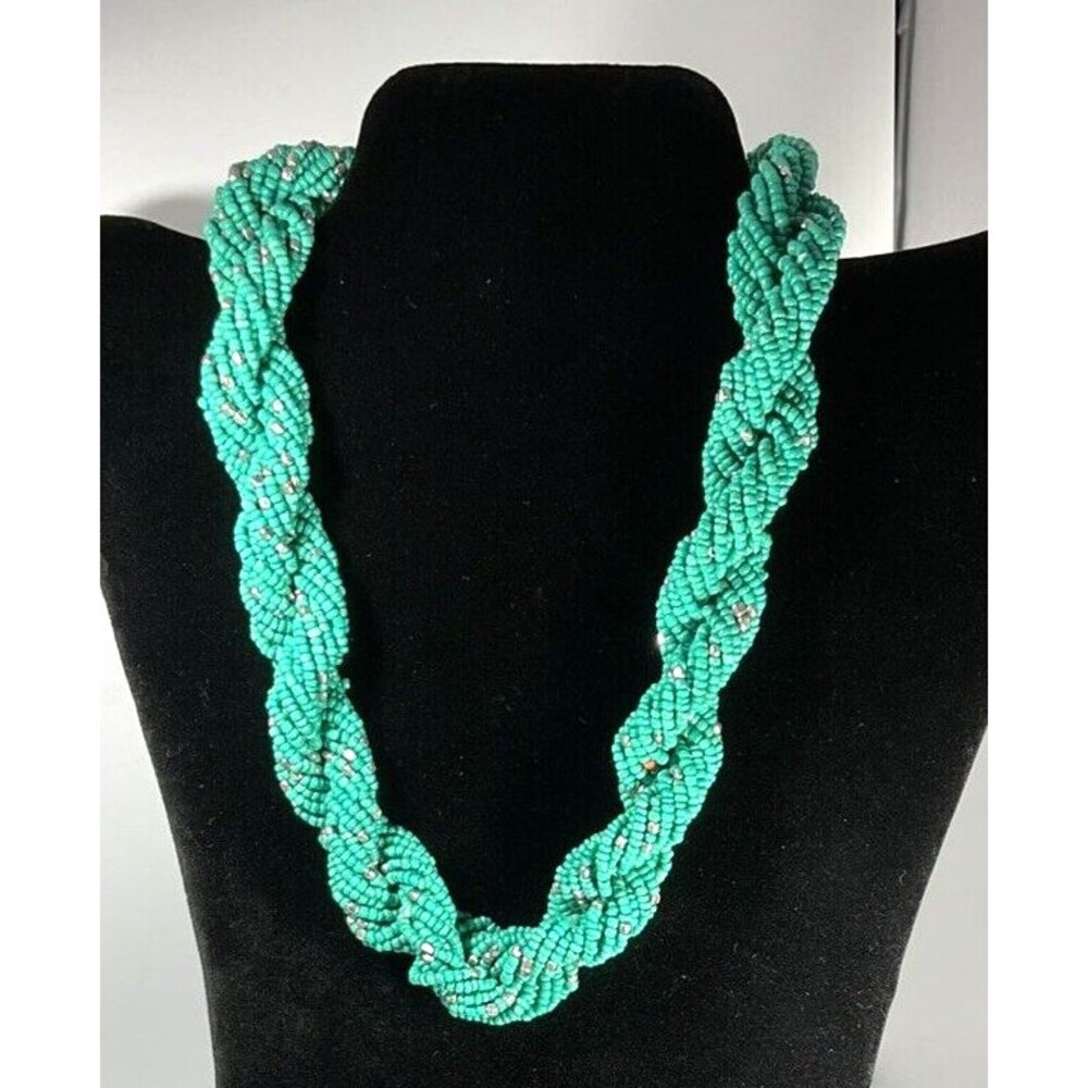 Vintage Turquoise & Silver Seed Bead Twisted Necklace Floral Charms Boho 40" S/M